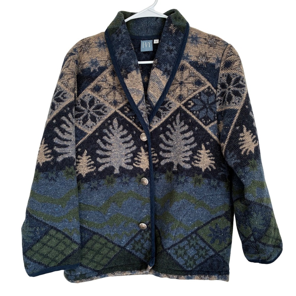 IVY Women Blue Green Wool Blend Tapestry Aztec Tree Boho Shawl Collar Jacket S